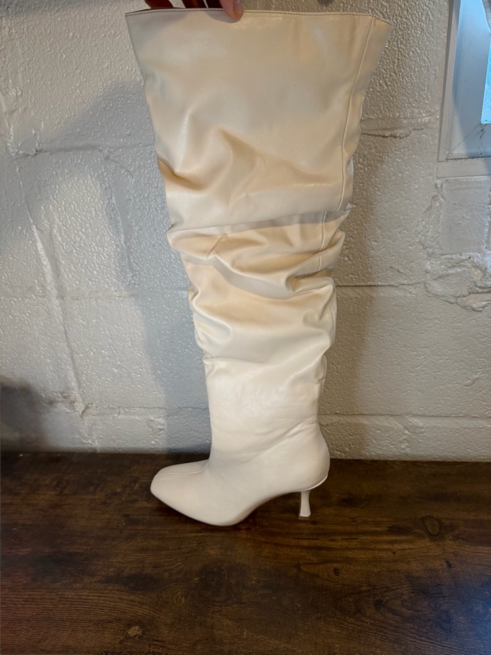 Women's Cream Slouch Knee-High Boot with Kitten Heel